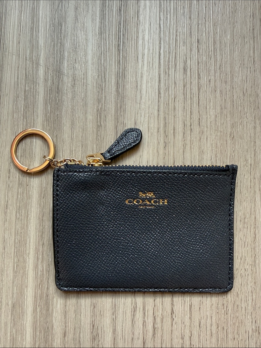 Coach Navy Leather Zip Card Case with Gold Keyring